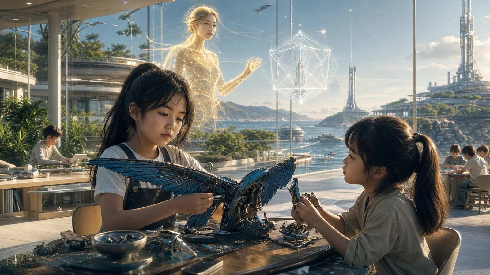Young Sarah and Lena rebuild a blue mechanical bird while Mira consults a judgment intelligence in Sol House
