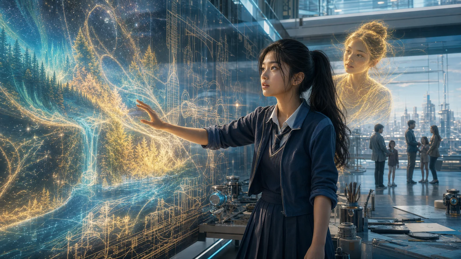 Teenage Sarah combines a responsive forest mural with engineering plans as Mira watches in a Korean design academy