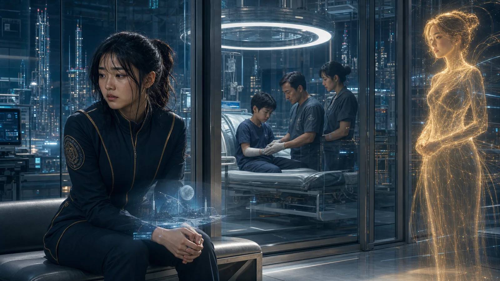Sarah sits remorsefully outside a laboratory treatment room while Tomas receives care and Mira waits nearby