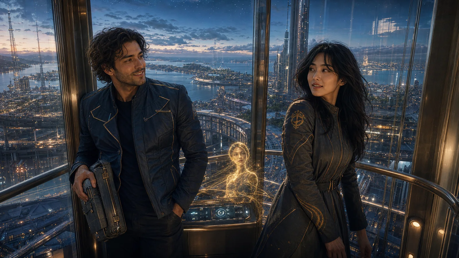 Jonah and Sarah exchange delighted looks inside a glass elevator climbing above a layered future city