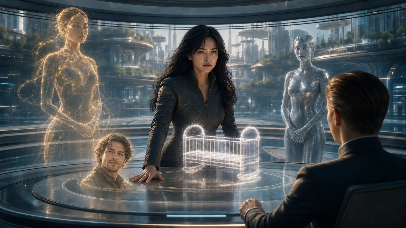 Sarah challenges a family judgment beside an empty projected cradle while Mira and a possible replacement companion wait