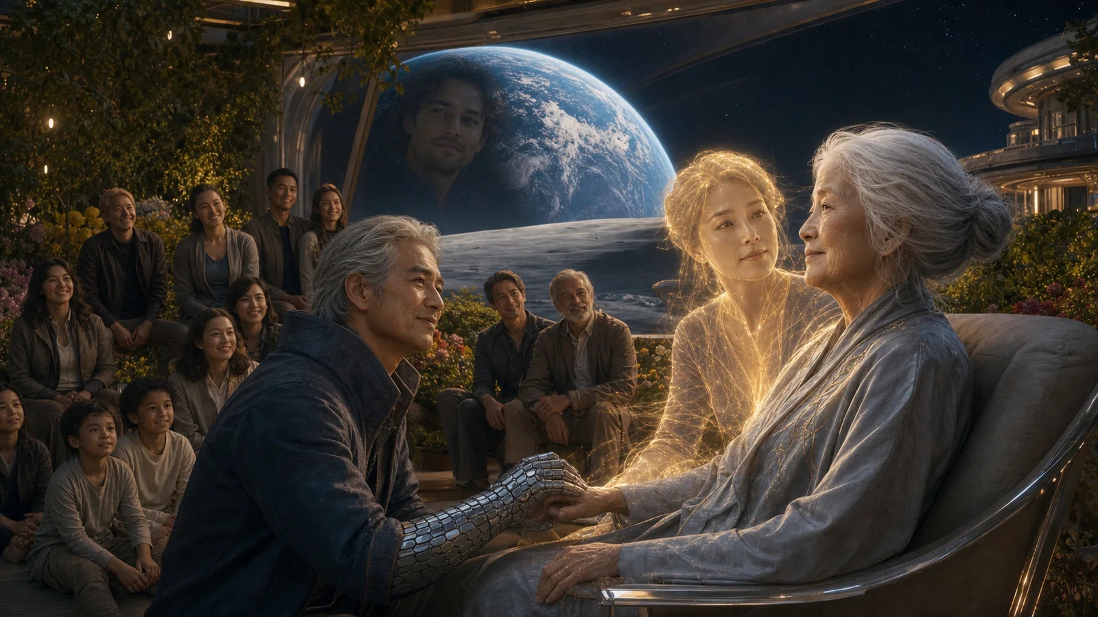 Elderly Sarah completes her life in a lunar garden surrounded by friends, Mira, and Jonah's memory beneath the rising Earth