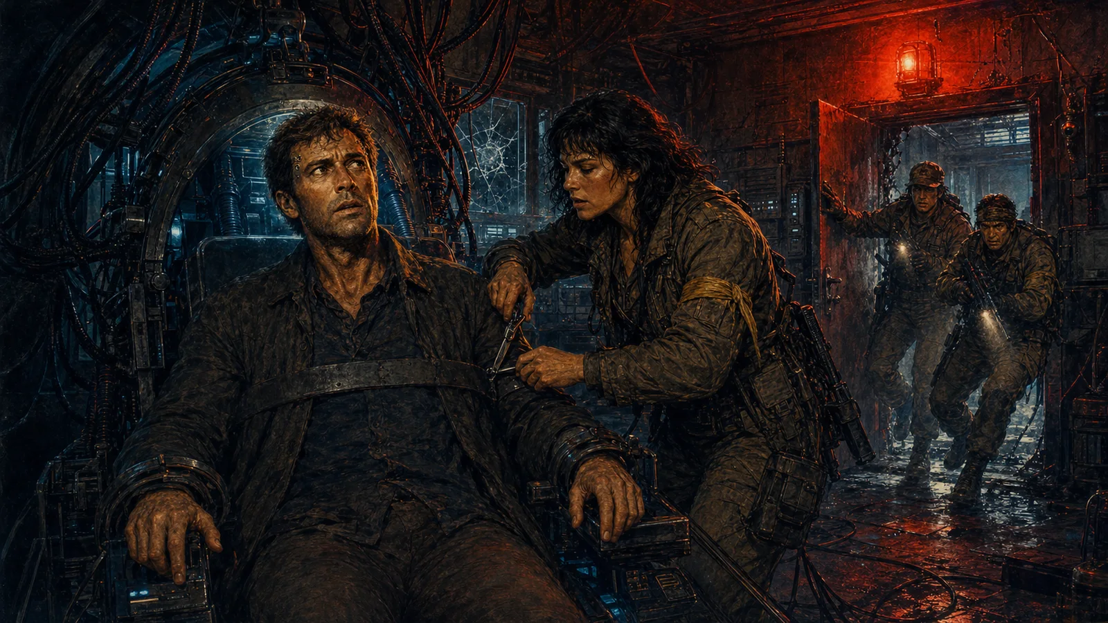 Maxwell wakes restrained in the restoration chair as Mara cuts him free under a red alarm light