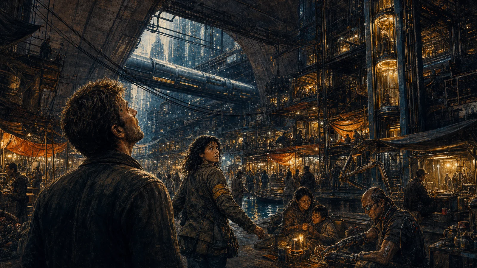 Maxwell looks upward through the layered Haven Nine community while Mara leads him through the crowd