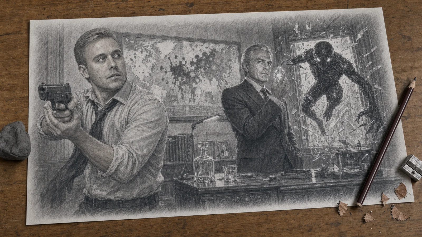 Graphite drawing on a wooden desk of the narrator confronting Senator Dickenson as an alien creature crashes through the window